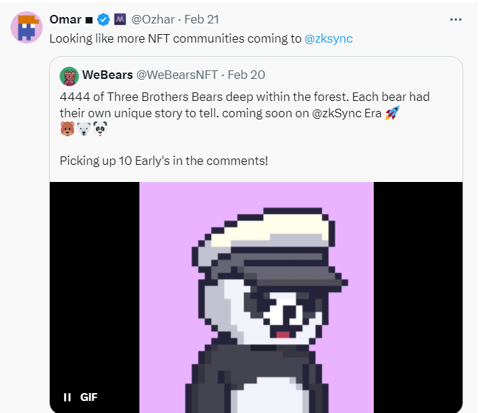 Giveaway 10 suất  WL mint @WeBearsNFT - Dự án được Head of Business của Matter Labs chia sẻ:
Supply: 4444 NFT
Mint Price: TBA
Time: March
1⃣ Fl @WeBearsNFT 
2⃣ Like, Repost &amp; Cmt Tag 3 Fri
3⃣ Tham gia Gr t.me/bachkhoabnb_gr…
Kết quả sẽ được thông báo trong nhóm chat