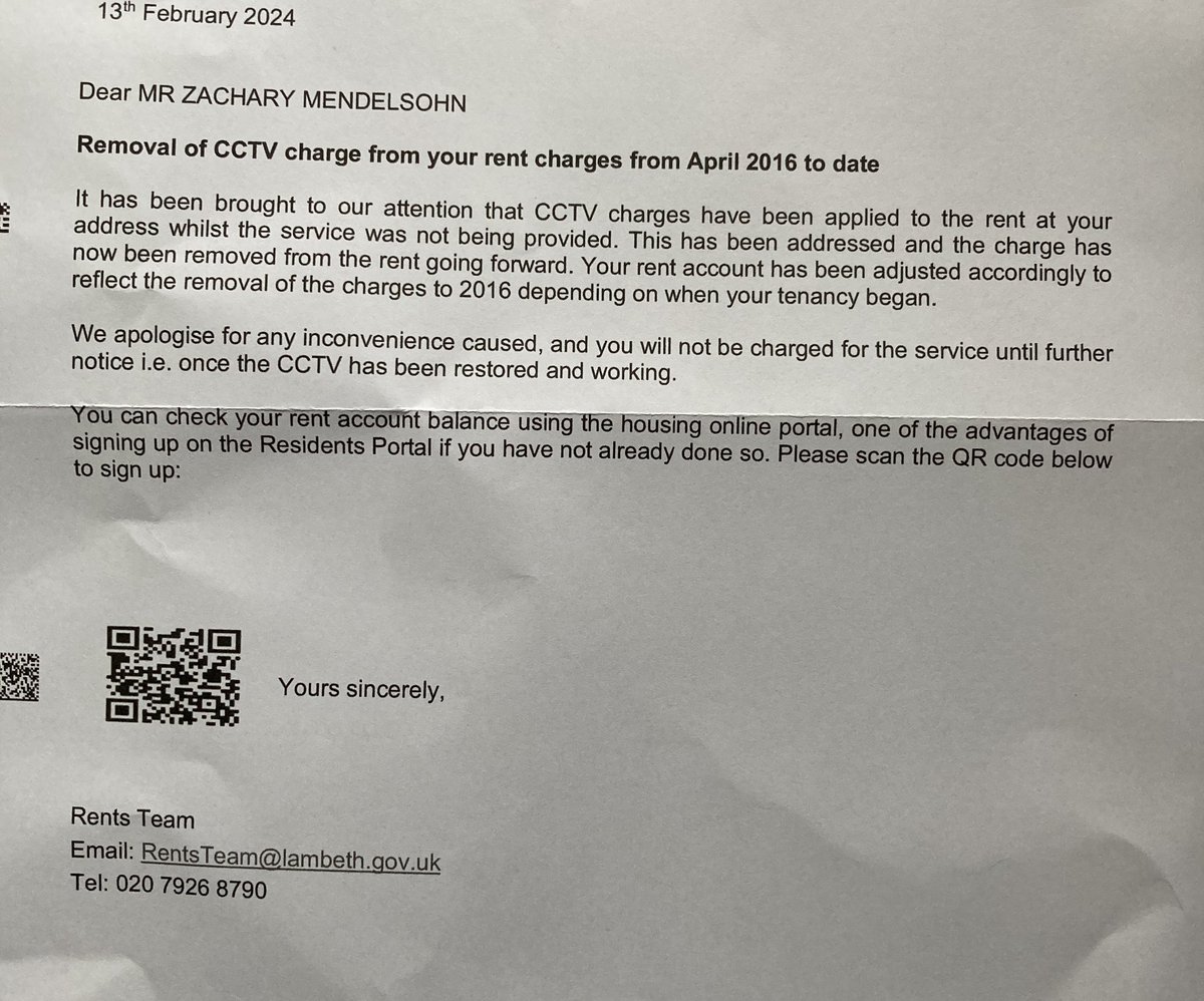 Zach Mendelsohn (@mzach8) on Twitter photo 10 months later just received this from <a href="/lambeth_council/">Lambeth Council</a> a refund for service charges that included #CCTV that has not worked for atleast 8 years. Alas they have just refunded CCTV charges but no interest for holding our money for over 7 years #scambeth #roguelandlord 10 months later just received this from <a href="/lambeth_council/">Lambeth Council</a> a refund for service charges that included #CCTV that has not worked for atleast 8 years. Alas they have just refunded CCTV charges but no interest for holding our money for over 7 years #scambeth #roguelandlord