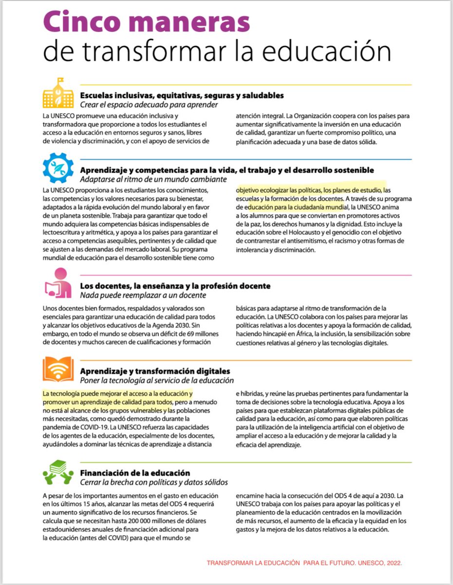 5 maneras de transformar la educación . Publicación de <a href="/UNESCO/">UNESCO 🏛️ #Education #Sciences #Culture 🇺🇳</a> ( 2022) . 
✔️escuelas inclusivas 
✔️Ecología🌱 y tecnología📲 como vías de transformación y acceso igualitario
✔️nada reemplaza a un docente
✔️financiación de la educación