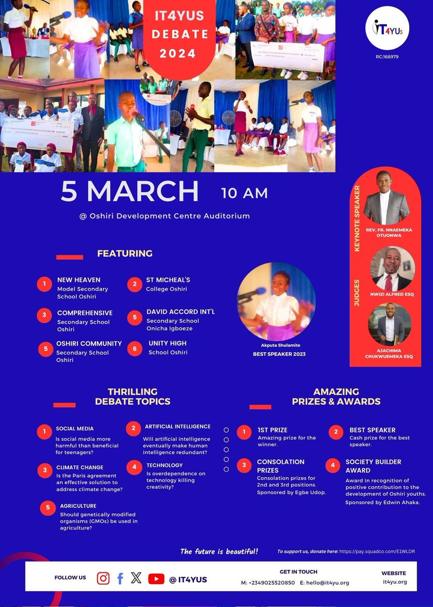 IT4YUS's tweet photo. Stand up! Speak up! Get cheered! 
IT4YUS is here again with another round of Jaw War ( Debate Competition) among schools and students from within and outside Oshiri community. 
For info, see the flyer attached to this announcement.

Do not miss out on this. 

#it4yus #2024JawWar https://t.co/0wkuTbN1GE