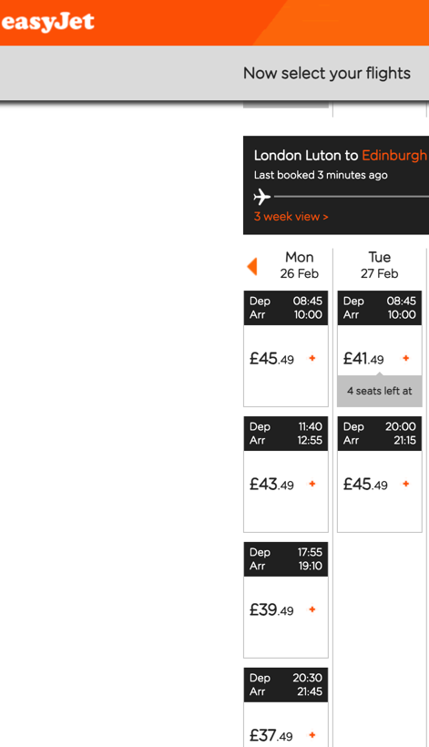 It's not looking good. This is London-Edinburgh for Monday. All these trains would have been £87 (refundable, with far greater flexibility) before the 'simpler fares' trial (remember to add £20 to the air fare for train London to Luton + £5 for tram from airport into Edinburgh):