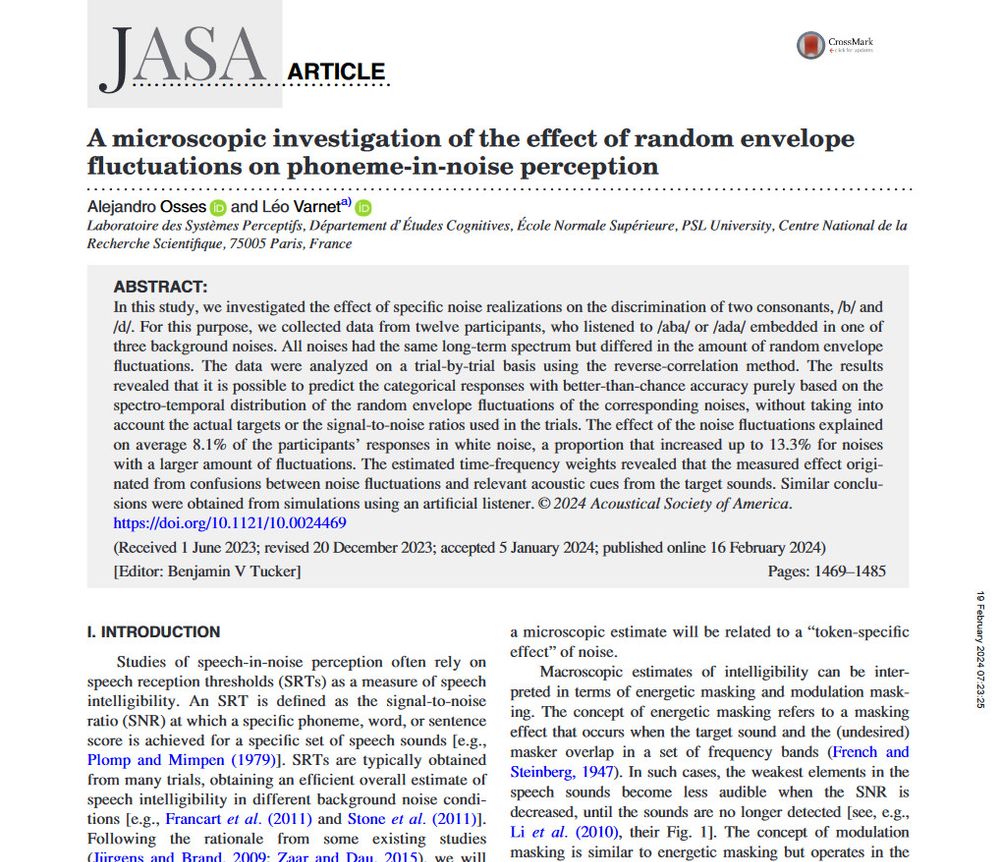 lsp_ens's tweet image. While we usually think of noise as merely confusing the listener, resulting in random errors, this new study by A Osses and L Varnet from our lab reveals that 10%-20% of these errors are not random but rather predictable and reproducible pubs.aip.org/asa/jasa/artic… @ASA_JASA
