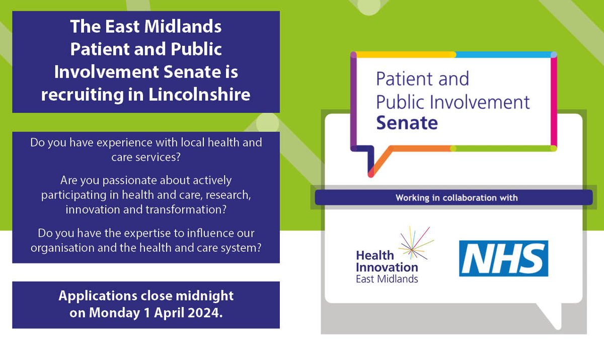 We're recruiting people from Lincoln/shire to join our Patient &amp; Public Involvement Senate. Join an amazing group of peers providing advice and guidance to the healthcare system. Read more about the #PPI Senate, the role and application form here zurl.co/GKkN