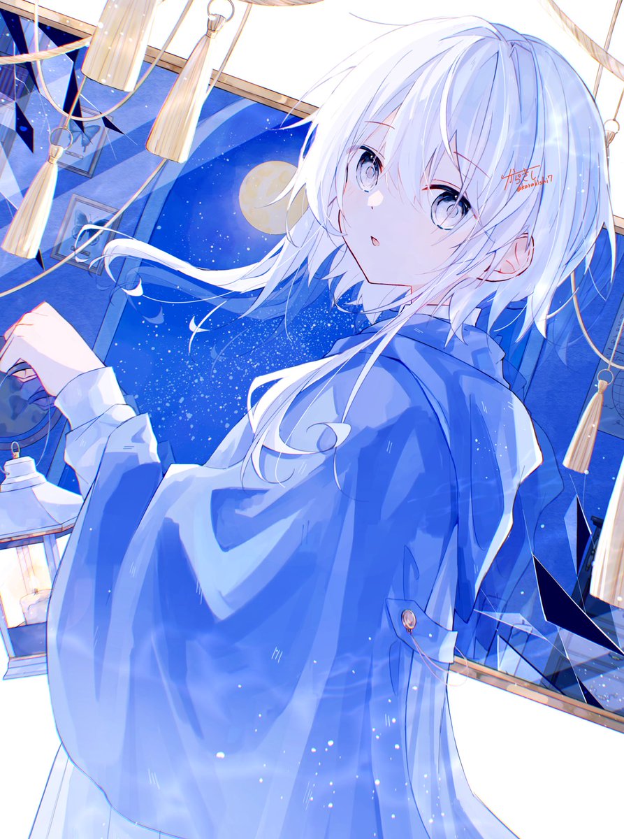 tassel solo lantern looking at viewer white hair star (sky) 1girl  illustration images