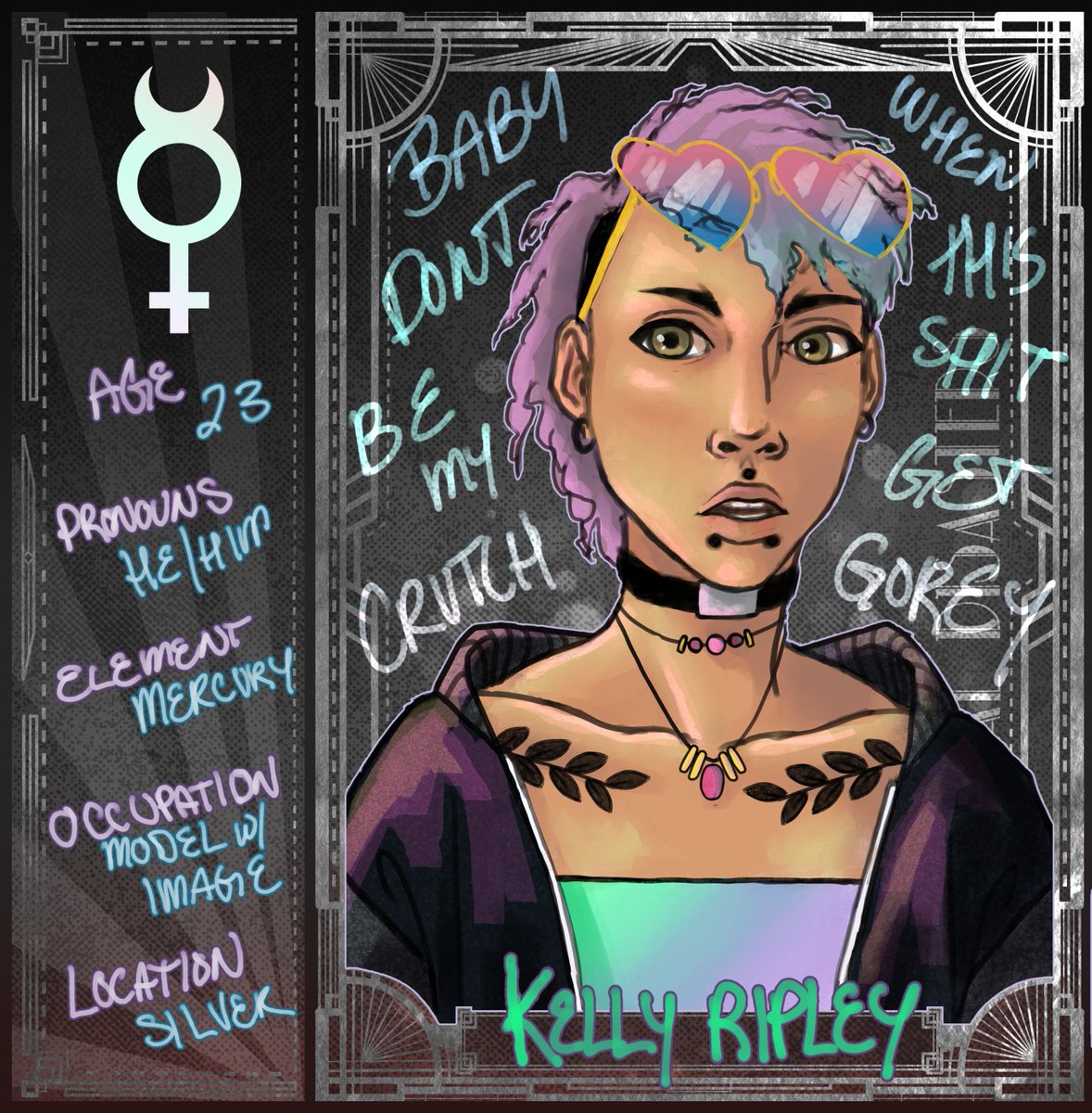 pachoulifishart's tweet image. I got two pretty he/him OCs right here for you! Kelly and Jackdaw are both NPCs for the Unnatural Disasters rpg @UD_rpgroup ! Kelly is a model working for a very popular Silver District agency. Jackdaw is the Face of an underground Radiation gang called the Crows.