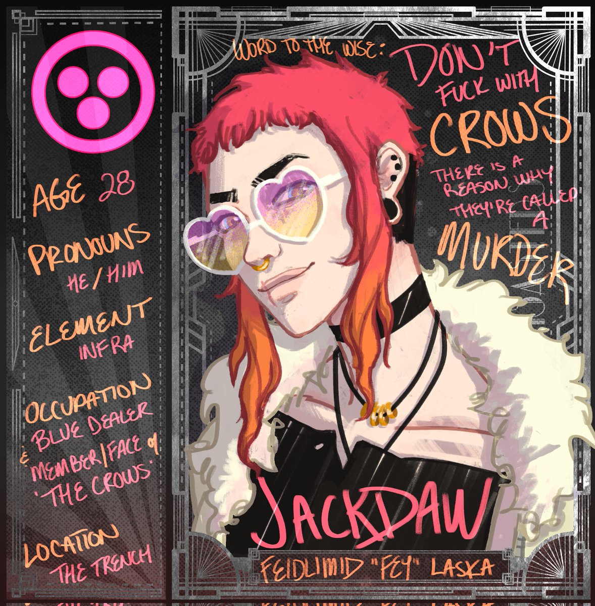 pachoulifishart's tweet image. I got two pretty he/him OCs right here for you! Kelly and Jackdaw are both NPCs for the Unnatural Disasters rpg @UD_rpgroup ! Kelly is a model working for a very popular Silver District agency. Jackdaw is the Face of an underground Radiation gang called the Crows.