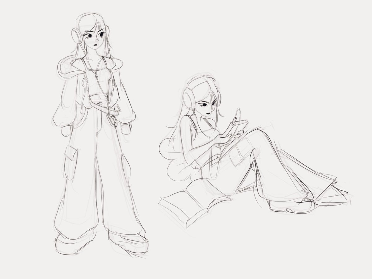 worldalchemy's tweet image. Sketching this fun Electro DJ Girl, mainly because I loove the baggy straight style lately! Y2K fashion forever! &amp;lt;3 :3 XD
She’s listening to and writing music on her Polyend Tracker Mini, a portable audio workstation. I miss drawing characters, need to do more! #characterart