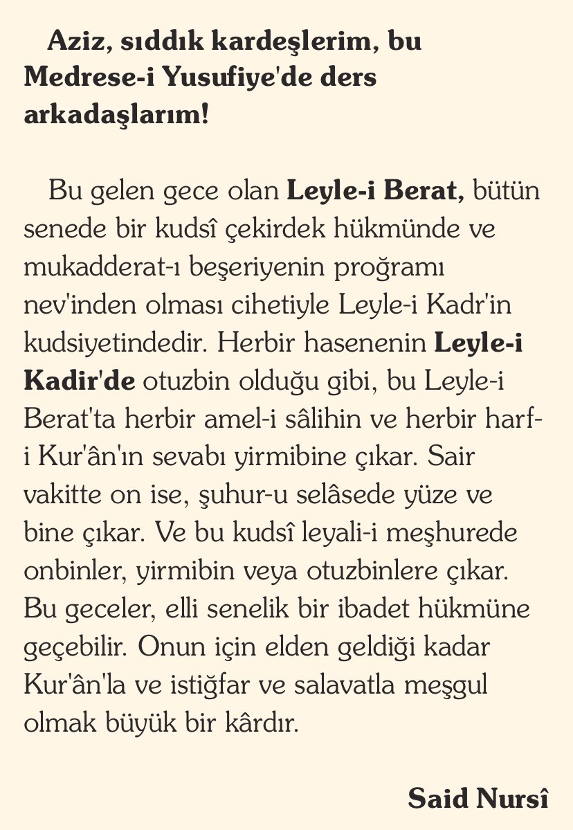 Elli senelik bir manevî ibadet ömrünü ehl-i imana kazandırabilen Leyle-i Beratınızı ruh-u canımızla tebrik ederiz.

#BeratGecesi