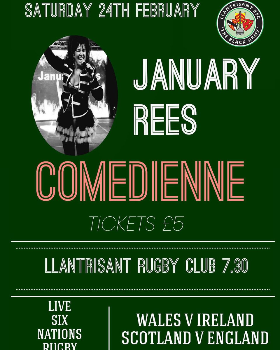 Great day & night ahead at the club with lots going on so come and join us. Tickets available to pay on the door for the comedienne tonight. 🏉 #IREvWAL #SCOvENG #6Nations @JanuaryRees ⚫️🟢