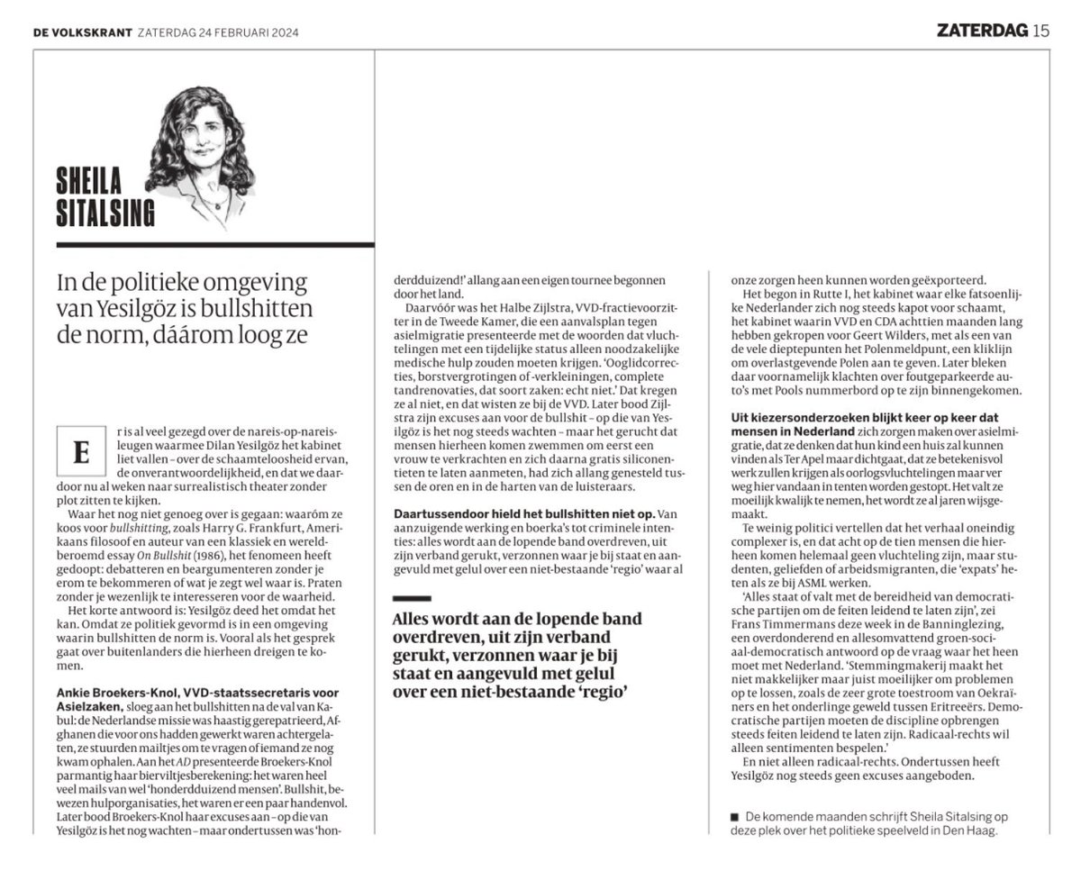 ‘Alles staat of valt met de bereidheid van democratische partijen om de feiten leidend te laten zijn', dixit <a href="/F__Timmermans/">Frans Timmermans</a>

‘In de politieke omgeving van Yesilgöz is bullshitten de norm, dáárom loog ze.’ Pracht column van <a href="/sheilasitalsing/">sheila sitalsing</a> 👌🏼👍🏼👇🏼