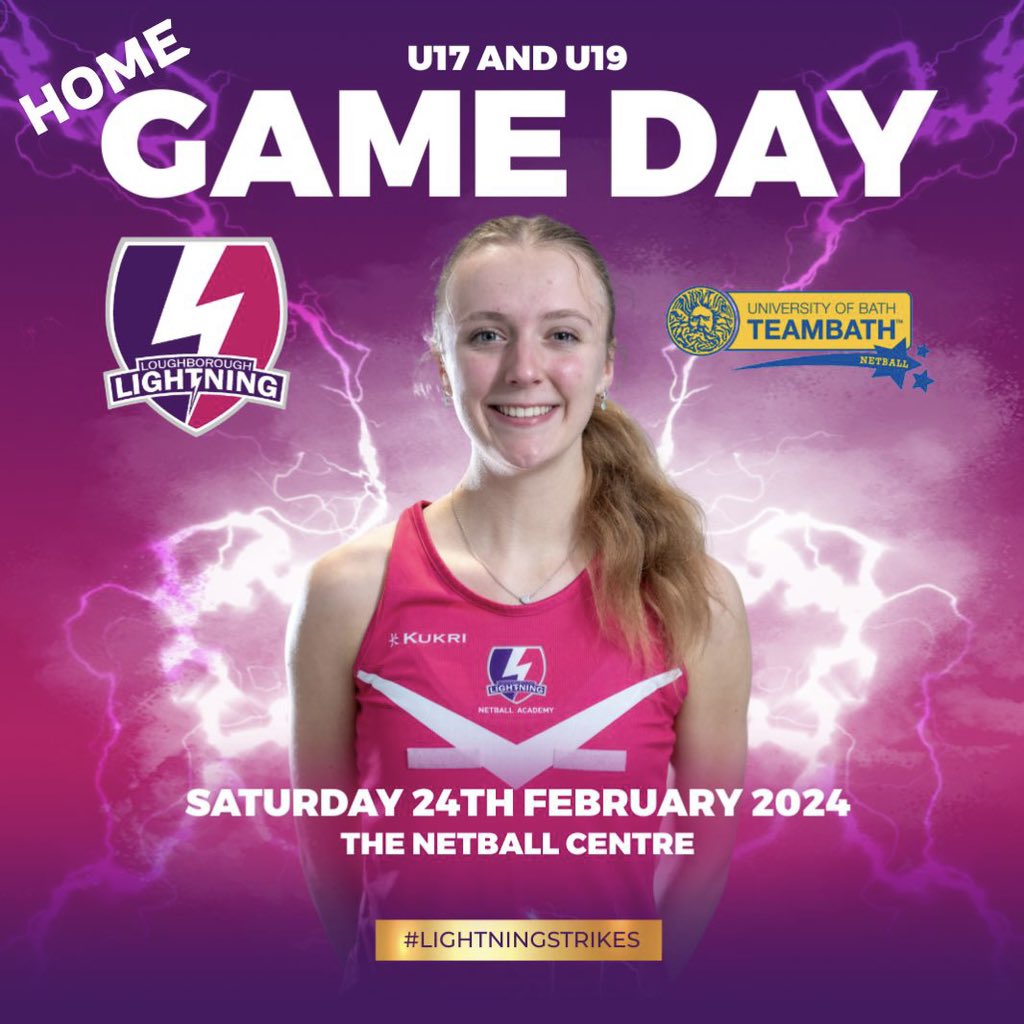 Lightning_Acad's tweet photo. Game Day👊💜
Good luck to all three of our teams playing Team Bath today ⚡️ 
Our U17s and U19s are playing in the Netball Centre at 11:30 and 13:30 respectively! Then our U21s are playing the curtain raiser match in Sir David Wallace at 16:00 before the NSL game🥳 https://t.co/pdw742QNXL