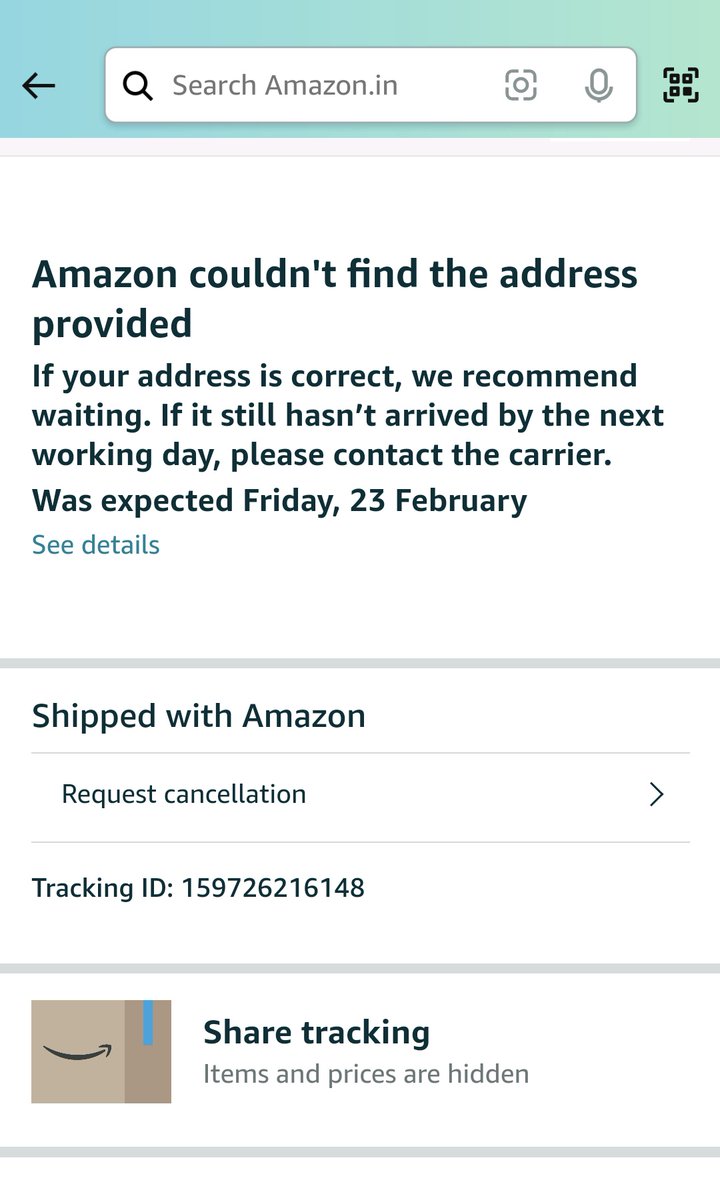 OhTeriTo's tweet photo. @amazonIN I paid extra for faster delivery as it was meant to be a gift, agent reached my place without the parcel. Amazon asks me to contact carrier but refuses to provide any contact number, info about delivery agent or location of the final delivery hub.  ?????? https://t.co/Kb3A2FPY07