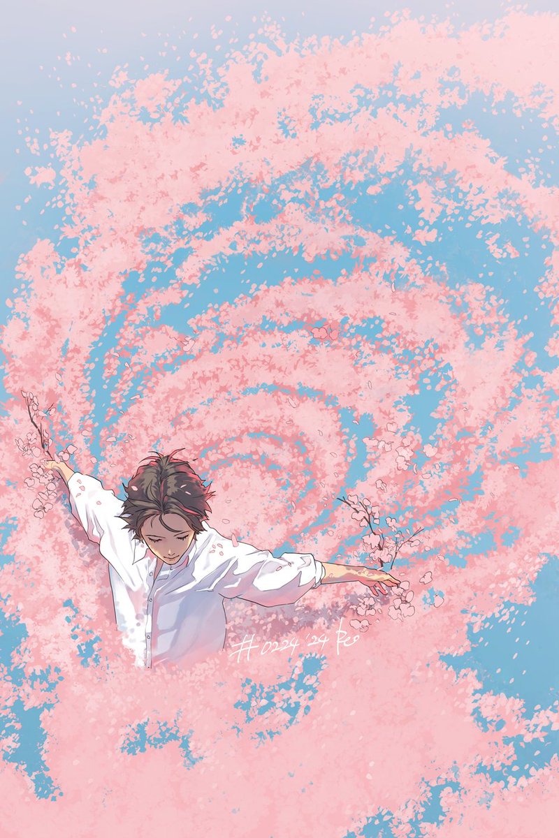 male focus shirt solo 1boy white shirt closed eyes cherry blossoms  illustration images