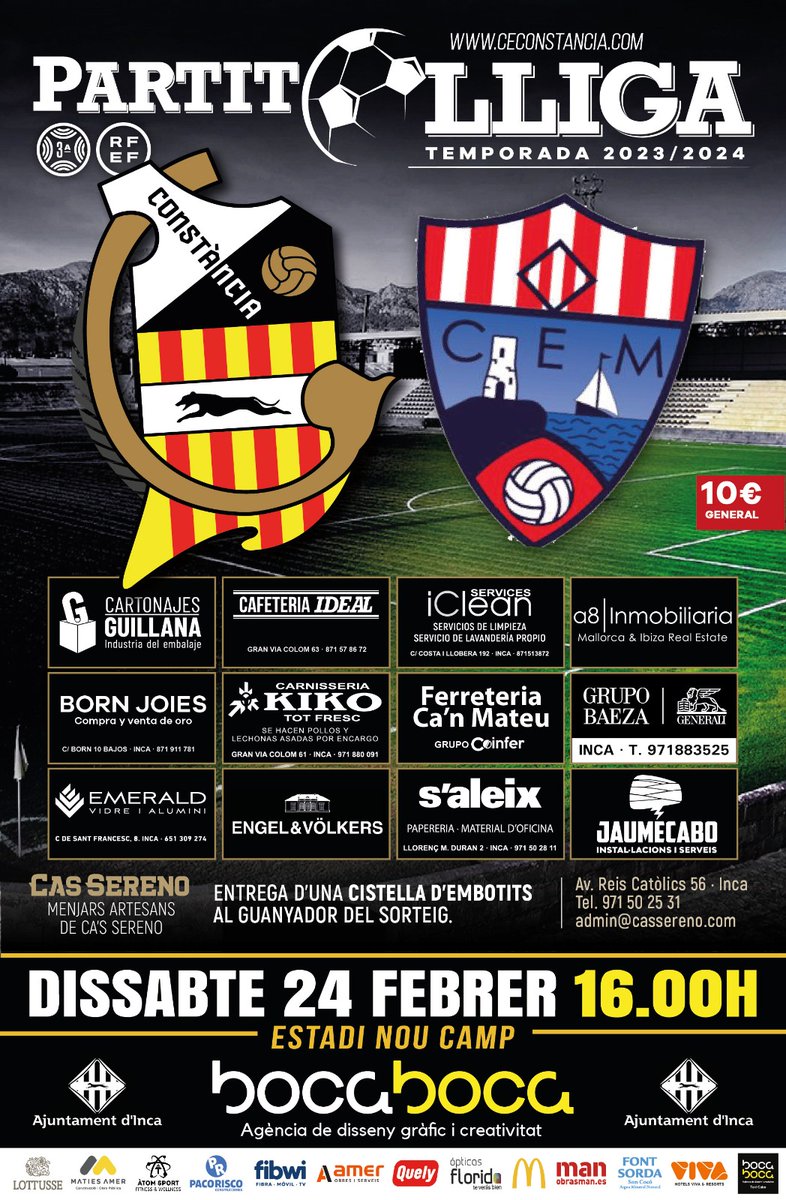 𝗗𝗜𝗔 𝗗𝗘 𝗣𝗔𝗥𝗧𝗜𝗧 ⚪⚫ 3a RFEF Jornada 22 @CEConstancia @CeMercadal ⏰16:00 H 🏟️ Nou Camp d'Inca 🍽️ Sorteig d'una panera d'embotits de Ca's Sereno #FutbolÉsConstància