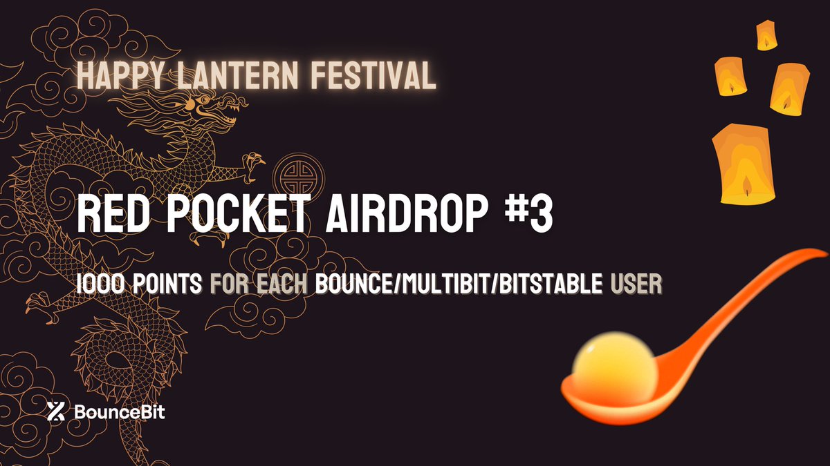 bouncebit's tweet photo. 𝐑𝐞𝐝 𝐏𝐨𝐜𝐤𝐞𝐭 𝐀𝐢𝐫𝐝𝐫𝐨𝐩 #𝟑: 𝟏𝟎𝟎𝟎 𝐁𝐨𝐮𝐧𝐜𝐞𝐁𝐢𝐭 𝐏𝐨𝐢𝐧𝐭𝐬 𝐟𝐨𝐫 𝐞𝐚𝐜𝐡 𝐁𝐨𝐮𝐧𝐜𝐞/𝐌𝐮𝐥𝐭𝐢𝐁𝐢𝐭/𝐁𝐢𝐭𝐒𝐭𝐚𝐛𝐥𝐞 𝐔𝐬𝐞𝐫!

Happy Lantern Festival! To celebrate this holiday, we’re airdropping more BounceBit points⬇️

Tasks: 
1️⃣Make at least one transaction on any of the following dApps:
    ✅@bounce_finance: https://t.co/TgIxXxEZHW
    ✅@Multibit_Bridge: https://t.co/Xzxpz8hjnW
    ✅@bssbstable: https://t.co/mPDw2vuHQ4
2️⃣Use the same wallet address for step 1️⃣ to deposit at least $100 on BounceBit: https://t.co/sXrpOSoAV0
3️⃣Like & quote tweet this tweet. Your quote tweet MUST include: 
     ✅The wallet address used to deposit in step 1️⃣ & 2️⃣; 
     ✅A screenshot of the BounceBit webpage showing your points and your connected wallet address at the top right corner (the wallet address shown in the screenshot must match the wallet address you type in the quote tweet)

Snapshot will be taken at 4AM UTC, Feb 29. Make sure to complete all 3 tasks above before snapshot to be an eligible participant and receive 1000 BounceBit points! 

The benefits of BounceBit Points include:
⚫️⚪️Helping you climb the leaderboard
⚫️⚪️Redeemable for rewards later on