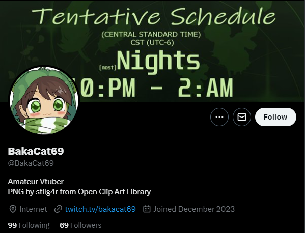 can we get this guy to 100 twitter and twitch followers

some friends and i from slight smilers randomly found this guy streaming osu one night and it turns out hes been consistently streaming every day for the past couple of months with 1 viewer

he is awesome please follow him