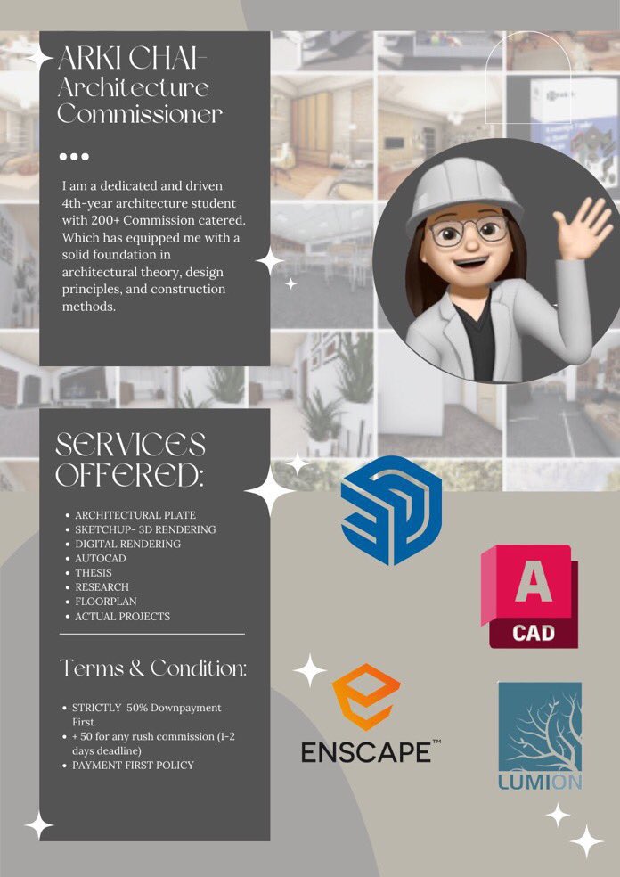 I am available for any rush and non-rush architecture commission

Accepts: 

-Perspective                  
-Floorplan, elevation &amp; Section
-Autocad
-Sketchup

📬📬📬📌📌📌📌📌📌📌📌

📌available 
👩🏻‍💻pending 
📬done

LF CLIENTS | Arki commissioner | architecture commissioner