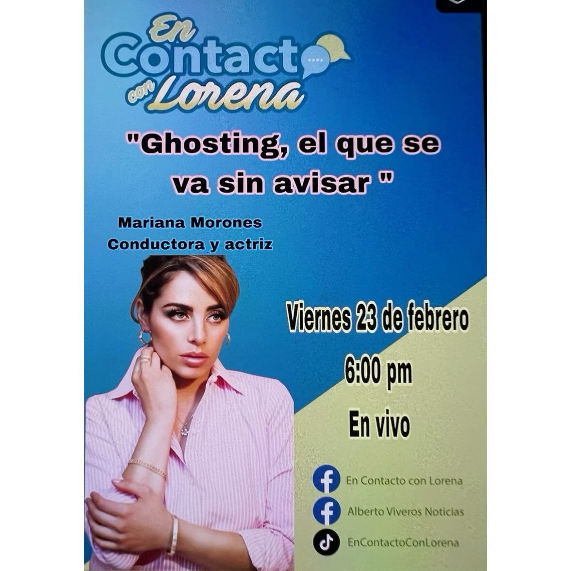 FansLoreChavez's tweet photo. Viernes de "En Contacto Con Lorena" con
@lorena_chaveneg, en esta ocasión con @marianamorones 
"GHOSTING, EL QUE SE VA SIN AVISAR | EN CONTACTO CON LORENA"

https://t.co/b7ugR26bPp https://t.co/p1FccjMbMY