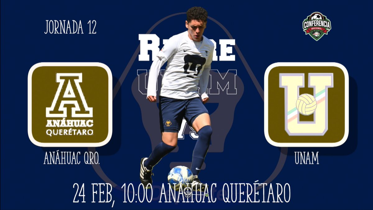 Repreunamvar's tweet photo. 🚨¡HOY JUEGA PUMAS!🚨

Visitamos a los Leones 🦁 Querétaro en la Jornada 12 del torneo de la CONADEIP

🗓 24 de Febrero 
🏟 Universidad Anáhuac Querétaro
⏰ 10:00 horas
🆚️ @anahuacqro 
🏆 @CONADEIPmx 

#DaleRepre https://t.co/QblDzatDEL