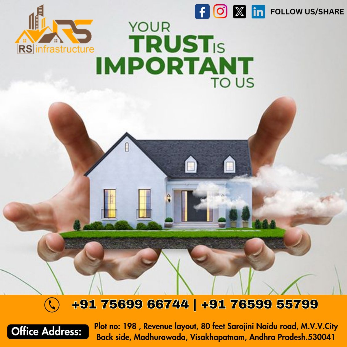 Building dreams, fostering trust! At RS Infrastructure, your trust is our cornerstone. 🏡 Let us construct the foundation for your dreams. Your vision, our commitment.

Contact Us: +91 75699 66744 +91 76599 55799

#RSInfrastructure #DreamHome #TrustInConstruction #BuildingDreams
