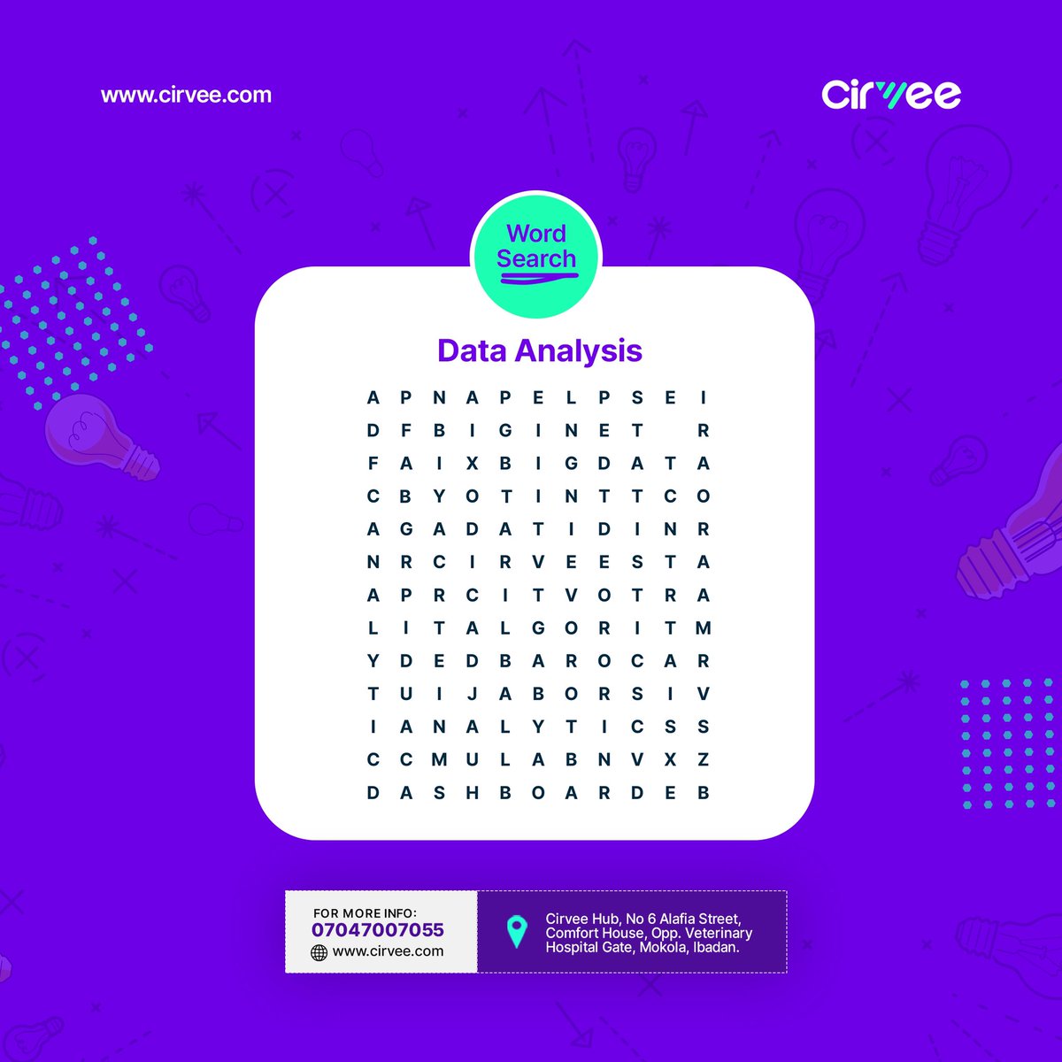 hellocirvee's tweet photo. How many "Data analysis" related words can you find ??
Let us know In the comments a
If you see "CIRVEE" unsee it!😂
#dataanalyis #wordsearchpuzzle https://t.co/aCK7veSZPK