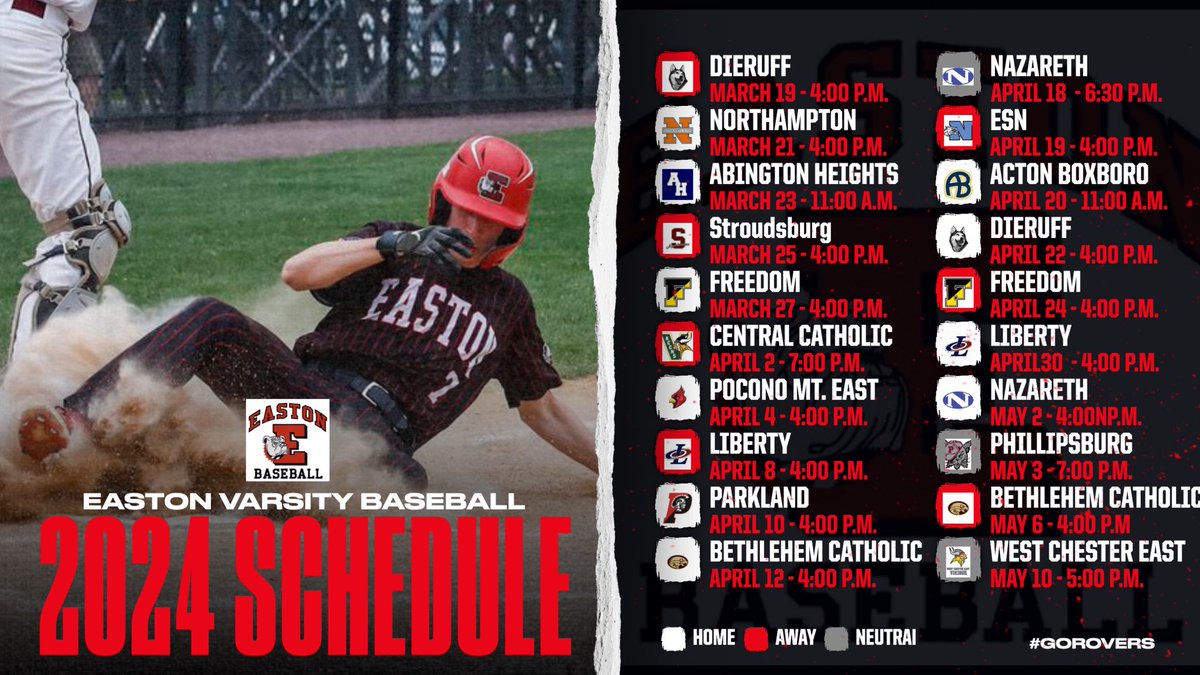 RoverBaseball's tweet photo. The @RoverBaseball 2024 Varsity Baseball Schedule has been released. The Rovers will also scrimmage @ Whitehall on March 13 and Fleetwood at Easton High School on March 15. https://t.co/TxOnCV2W9V