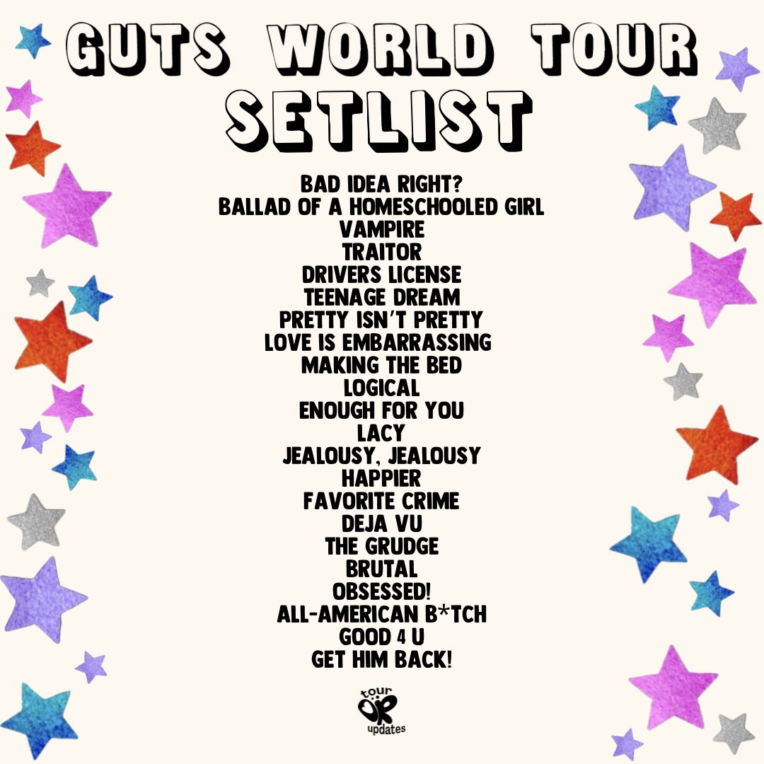ortourupdates's tweet photo. Here is the #GUTSWorldTour setlist! What an amazing opening night in Palm Springs💋 https://t.co/qavUTsDReJ
