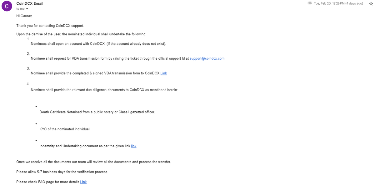 GourabVarma's tweet photo. @CoinDCX team, I have tried conversations with your support &amp; needed to claim my late mother's asset, but I am not able to submit the docs as the forms are private. Though your support seems to do nothing abt it. Seems you don't people to claim as nominee and made it inaccessible https://t.co/f7wr7K7vEJ