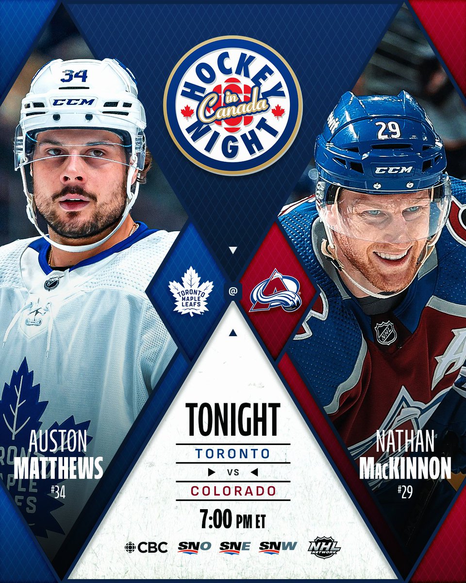 NHLPR's tweet photo. Auston Matthews, who ranks first in goals, and Nathan MacKinnon, who ranks second in points, are set for their 14th head-to-head matchup when the @MapleLeafs and @Avalanche clash on @Sportsnet, @CBC and @NHLNetwork at 7 p.m. ET.

#NHLStats: https://t.co/brN1LhXe3b https://t.co/1rxtI2H53N