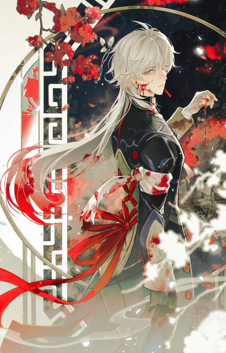 1boy male focus blood chinese clothes long hair white hair solo  illustration images