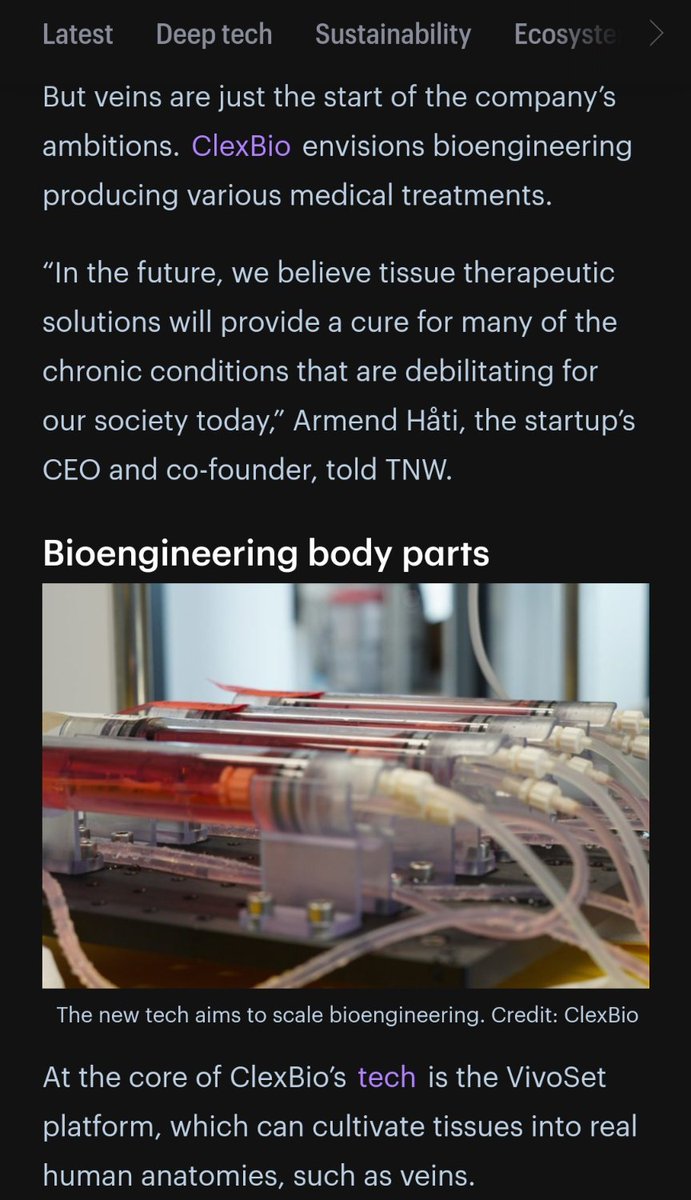 tek_nikel54's tweet photo. This #startup is #bioengineering #tissue into #human #vein #implants.
#Clexbio #believes bioengineering will #create a "#paradigmshift" in #healthcare🤖
#DEEPTECH #Tek_Nickel054🤖
https://t.co/o1LyyTc62s https://t.co/SSSAYB8apf