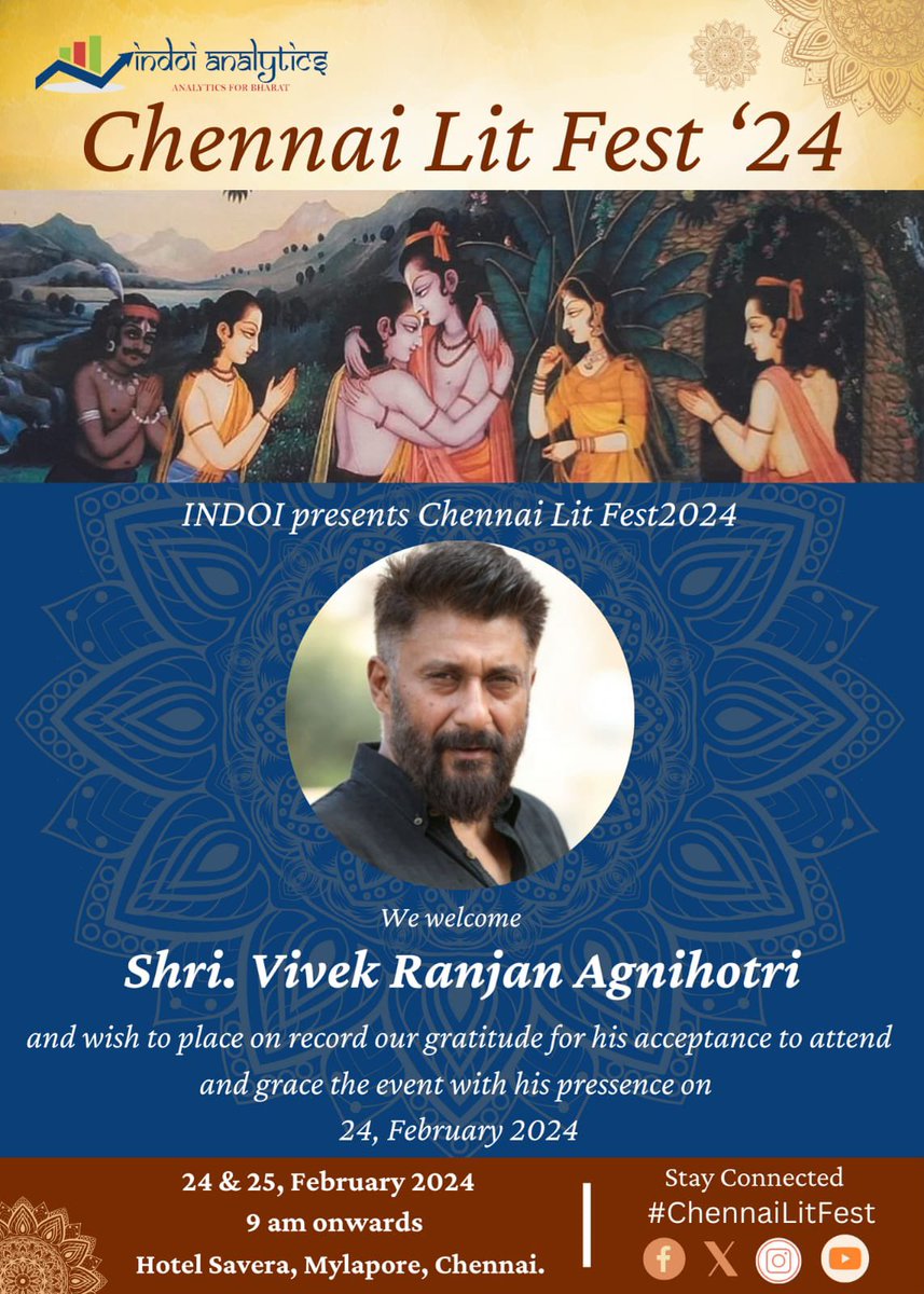 National Award winning filmmaker and author @vivekagnihotri will be speaking at The Chennai Lit Fest - 2024 Today at 2 pm IST. Watch LIVE on YouTube : youtube.com/live/eRbrSKPOL… #ChennaiLitFest