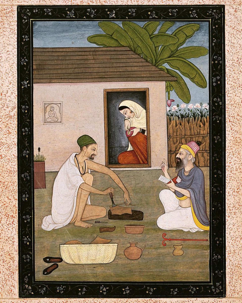 Bhakti Saint + Poet Guru Ravidas (1267-1335) as a Shoemaker

Compositions of #Ravidas are found in #GuruGranthSahib the #Sikh holy book

 c1800 #Pahari painting by a 1st generation master after #Nainsukh & #Manaku of #Guler #HimachalPradesh now at Museum Rietberg

#RavidasJayanti