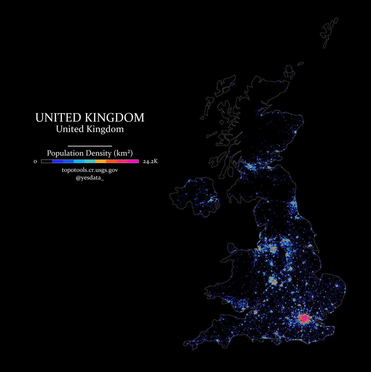 🔎 Series: Population Density (No. 3) - United Kingdom

The UK’s population density is a testament to its vibrant urban life, particularly in England.

🔧 Tools: Python (Rasterio, Geopandas, Shapely, JenksPy)
~