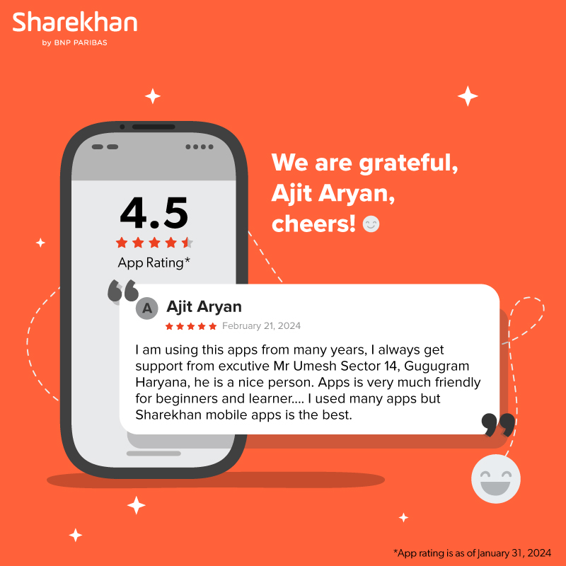 Sharekhan's tweet photo. Thank you so much for your 5-star rating and kind words!
We're thrilled to hear that you're enjoying our services. Your feedback means a lot to us, and we're committed to delivering the best experience possible.

#Sharekhan #GooglePlayStoreReviews #Feedback #HappyCustomers https://t.co/5pJBx9RaDK