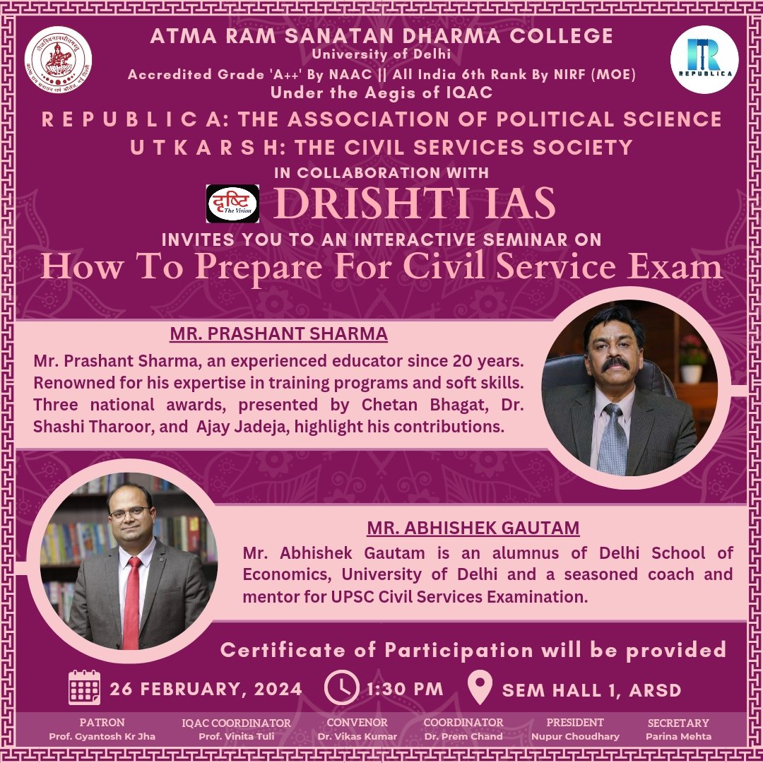 Republica: The Association of Political Science is orchestrating a captivating seminar, delving into the intriguing theme of 'How to Prepare for Civil Services Exam' in collaboration with Drishti Ias.✨