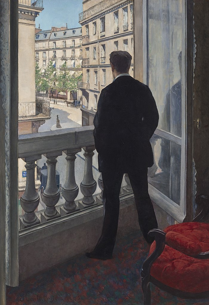 Caillebotte’s Young Man at his Window depicts his brother René from behind, surveying sunlit streets of Haussmann-ised Paris, deserted but for unescorted woman, two carriages and distant pedestrians. Perspective is that of a wide-angle lens photo (1875) artinsociety.com/pt-3-photograp…