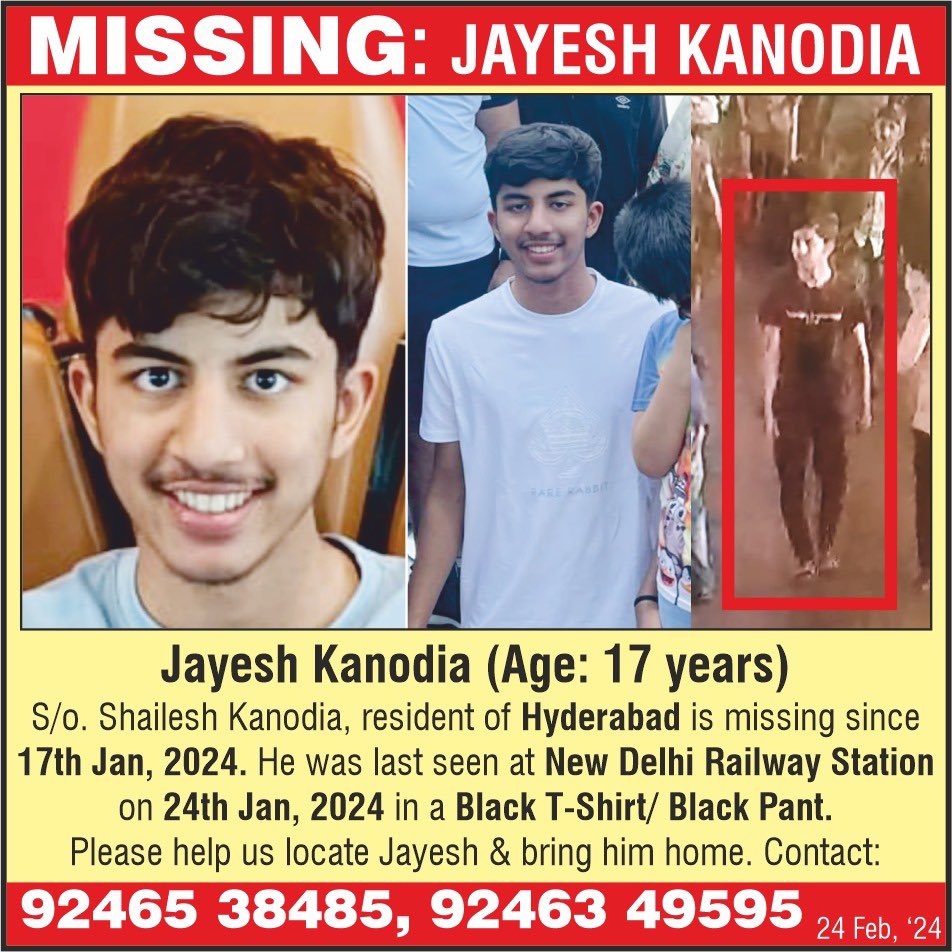 KanodiaSarvesh's tweet photo. ๐จ Urgent: Jayesh is missing ๐ Last seen in Hyderabad on Jan 17, and at New Delhi Railway Station on Jan 24. Let's unite to raise awareness and bring him home. #FindJayesh #MissingPerson #HelpFindJayesh https://t.co/f5i3FelFey