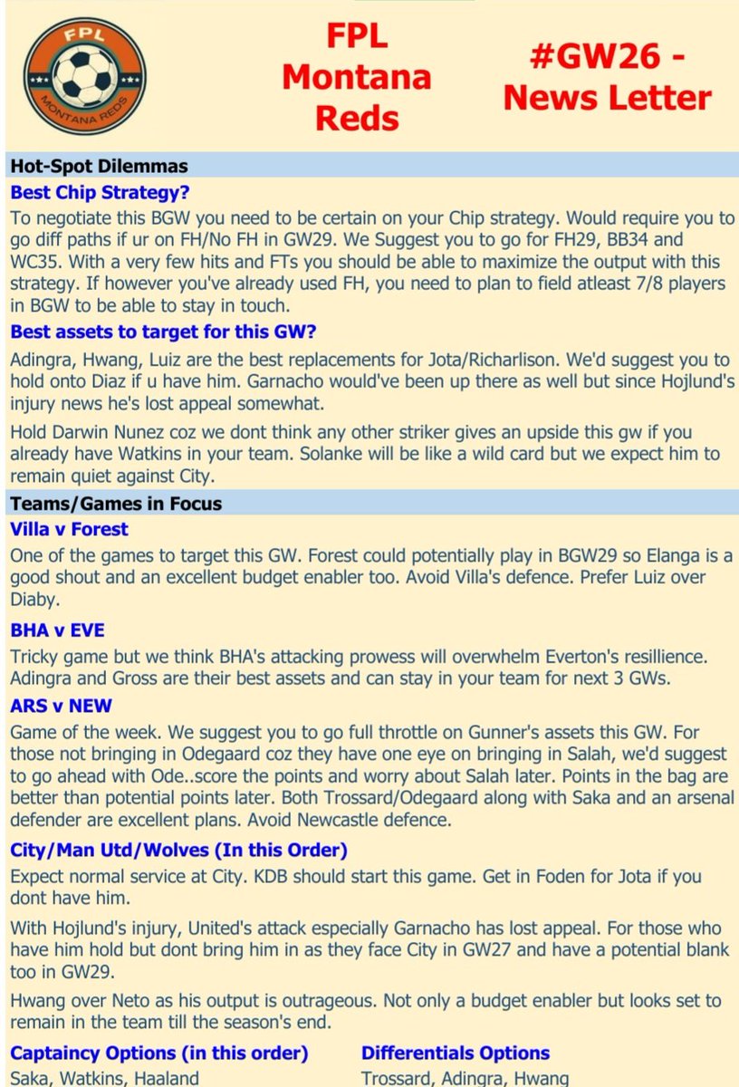 Hi Folks. #GW26 News letter is here.

Lots to think about for this gw and to plan ahead as well so lets hope this helps y'all out. 

#FPLCommunity

@comebackkidsFPL <a href="/FPLOLA58/">Ola 💁‍♀️🇿🇦🇦🇺</a> <a href="/FootballForeca3/">FootballSpursFPL</a> <a href="/Atlas_FPL/">FPL ATLAS</a> <a href="/FPL_PZ/">𝙿𝚉</a> <a href="/barbinho9/">FPL-barbinho9</a> @BuzzFpl @BukayoSalah <a href="/debatingfutbol/">D🌏F</a> <a href="/FPL_Bateman/">FPL Bateman</a>