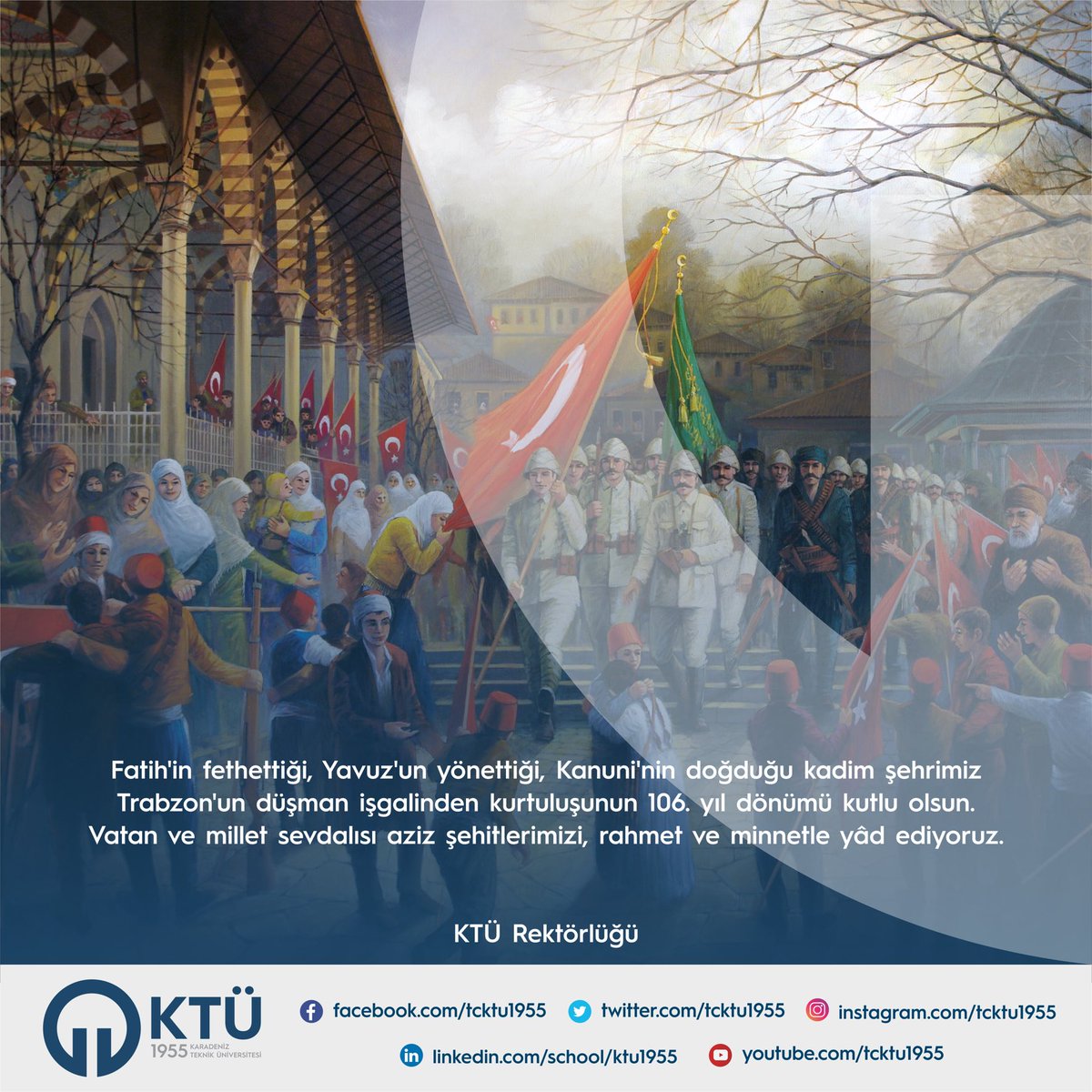 Trabzon’un düşman işgalinden kurtuluşunun 106. yıl dönümü kutlu olsun. 🎗️ 🌇

#ktükampüs #trabzon #trabzonkurtuluşu #24şubat1918