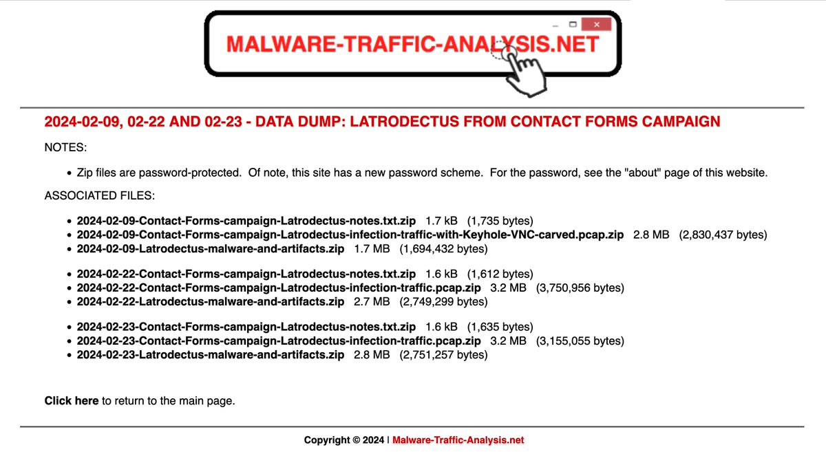 2024-02-09, 02-22 and 02-23: Data dump for #Latrodectus malware infections from #ContactForms campaign. #pcap files, malware samples, and IOCs available at malware-traffic-analysis.net/2024/02/23/ind…

Latrodectus (BLACKWIDOW) took over for #IcedID (#Bokbot) late last year malpedia.caad.fkie.fraunhofer.de/details/win.un…