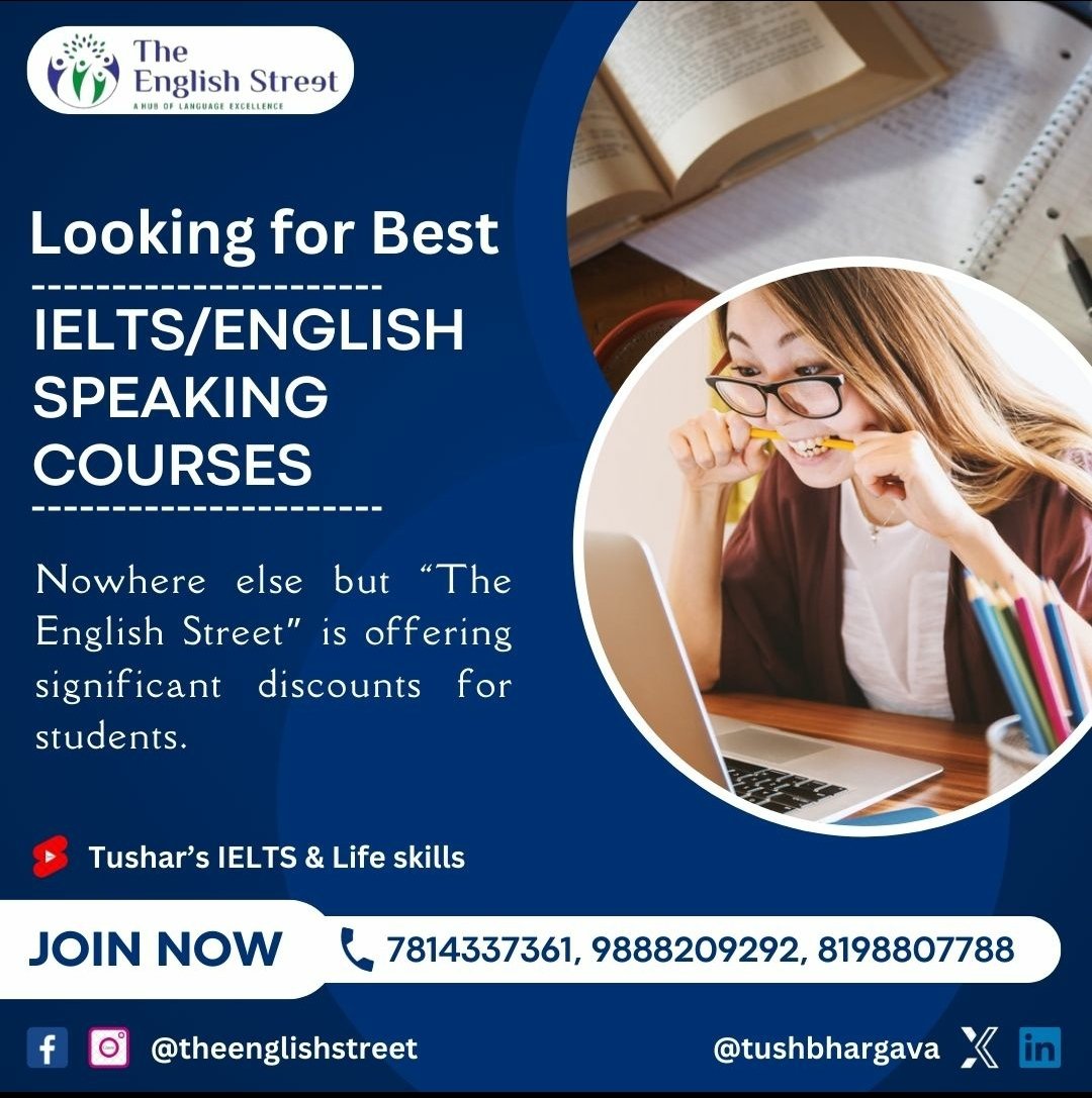 🎉📚👩‍🎓 Get ready to save big with our special student discount on our IELTS and English speaking courses in Mohali.
#growthmindset #tusharieltshub #tusharlifecoach #theenglishstreet #newlife #newlifestyle #eternal  #growth #development #specialoffer #studentslearning #mohali