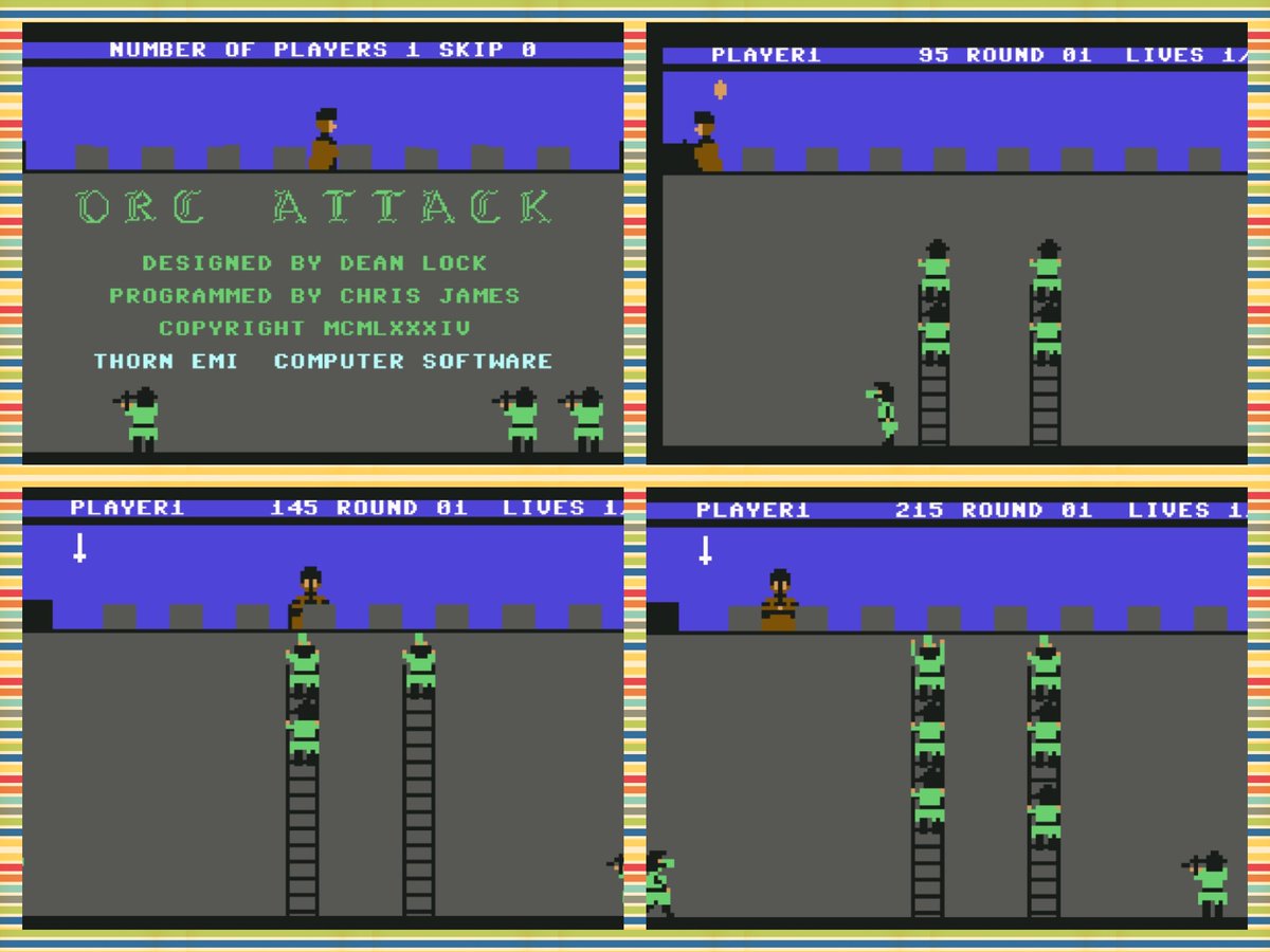 OldSchoolBooks1's tweet photo. Today's #retrogaming on the #Commodore64 #C64 #OrcAttack, stop those little green dudes getting up your castle wall. Drop stones, then beat them with your sword, but stopping in the right place is tricky as your character feels like it's on roller skates! https://t.co/tHvIBLBi4F