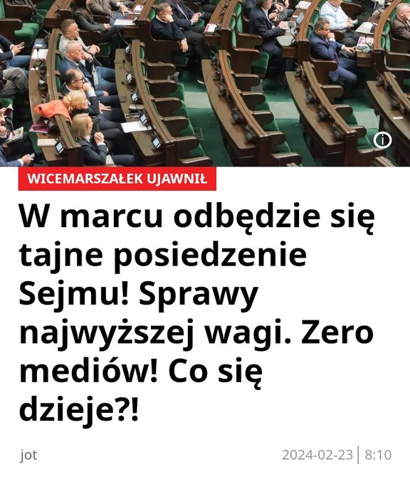 Tajne posiedzenie sejmu? Nie po to były wybory, żeby posłowie w sejmie uchwalali coś przed oczami wyborców. Tajne posiedzenie sejmu oznacza, że posłowie zbierają się, by uchwalić coś przeciwko obywatelom. To jest niedopuszczalne i oznacza zdradę stanu. Chcą przehandlować Polskę!