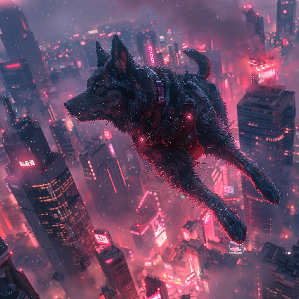 frodo_barks's tweet photo. What if a dog with cyber enhancements leaped between the neon-glowing rooftops of a bustling cyberpunk city, agile and free? #SundayFunday #digitalart #art #pets #NeonRunner https://t.co/lmg87ZaEFY