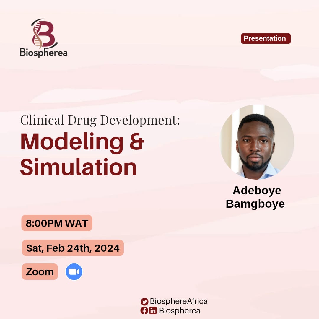 BiosphereAfrica's tweet image. 'Tis our pleasure to invite you to join us in today's session.
Let's discuss Modeling and Simulation as it relates to Drug Development with @lakunletone at the center stage.
Tell us if you'd like to join in the comment.
#drugdevelopment #modelingandsimulation #medical