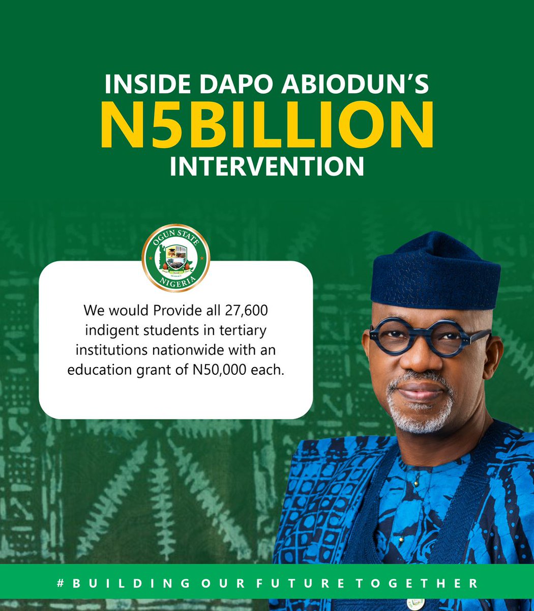 tohire_ng's tweet photo. If you are a student of Ogun State origin in ANY tertiary institution in Nigeria, go to your student portal and apply for OgunEduCash ASAP.

The Dapo Abiodun admin will pay you a ₦50,000 cash award as soon as you register.

Payment will start going out from Monday.

Pls Share. https://t.co/ZPwnBGnaOn