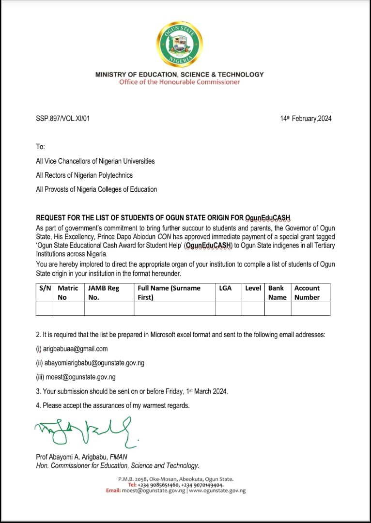 tohire_ng's tweet photo. If you are a student of Ogun State origin in ANY tertiary institution in Nigeria, go to your student portal and apply for OgunEduCash ASAP.

The Dapo Abiodun admin will pay you a ₦50,000 cash award as soon as you register.

Payment will start going out from Monday.

Pls Share. https://t.co/ZPwnBGnaOn