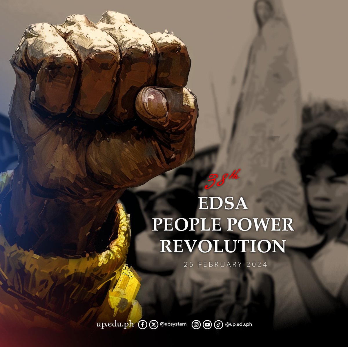 upsystem's tweet photo. The @upsystem commemorates today, February 25, the 1986 People Power Revolution. While excluded in the list of holidays for the year, the spirit of the day remains alive, as its significance, lessons, and inspiration, are in the heart of every Filipino. https://t.co/M34T0vePVA