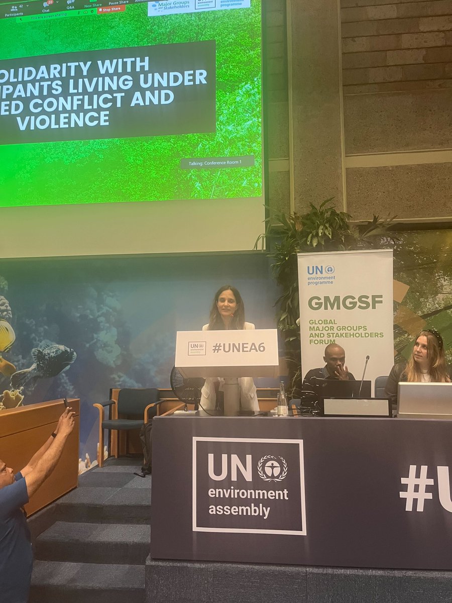 IISD_ENB's tweet photo. A solidarity moment at the opening session of #GMGSF20 at #UNEA6 with Major Groups &amp; Stakeholder representatives from Sudan, Palestine and Ukraine calling for consolidation of global efforts to stem ongoing "genocide and ecocide." https://t.co/3mpZETKYpy